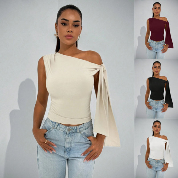 Straw knot diagonal tie solid color sleeveless top