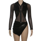 Perspective mesh leather patchwork jumpsuit split skirt set
