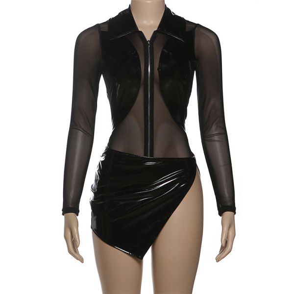 Perspective mesh leather patchwork jumpsuit split skirt set