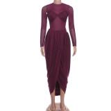 Mesh patchwork pleated irregular round neck long sleeved dress