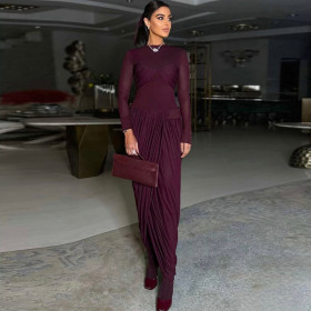 Mesh patchwork pleated irregular round neck long sleeved dress