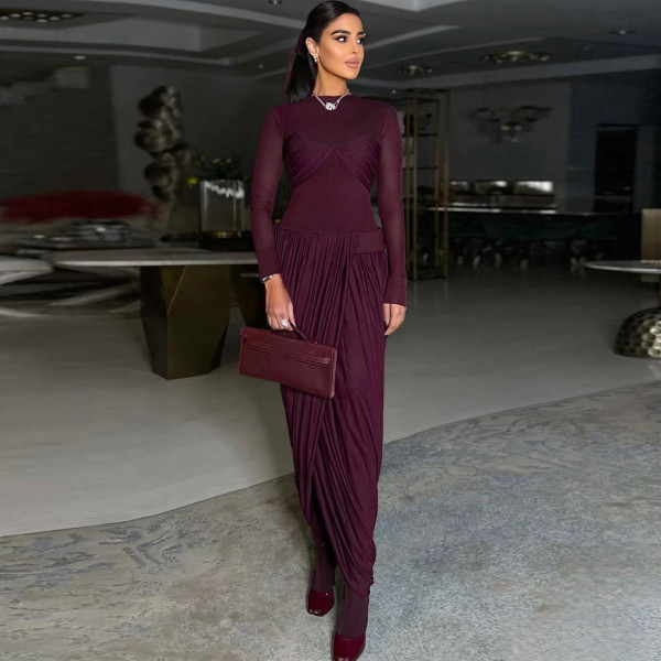 Mesh patchwork pleated irregular round neck long sleeved dress