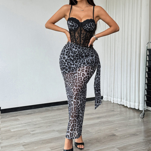 Leopard print chest wrapped lace camisole dress