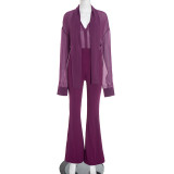 V-neck mesh ribbon shirt top, high waisted flared pants set