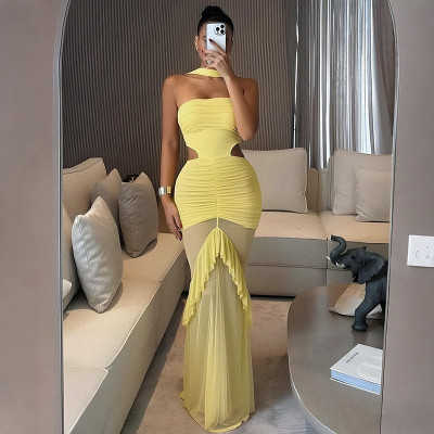 Mesh see through spliced high waisted dress