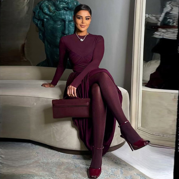 Mesh patchwork pleated irregular round neck long sleeved dress