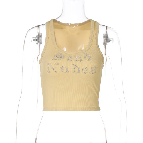 Letter rhinestone U-neck sleeveless short vest