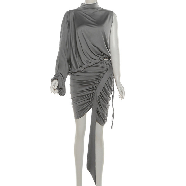 K25S81865 One shoulder sleeve top with hip fold irregular skirt