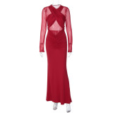 Long-sleeved mesh cut-out pleated dress