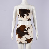 Color blocking chest hollow out short skirt fur leopard print set