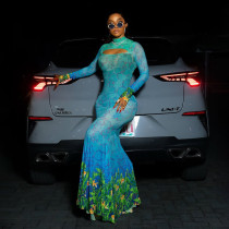 Printed hollowed out fishtail dress