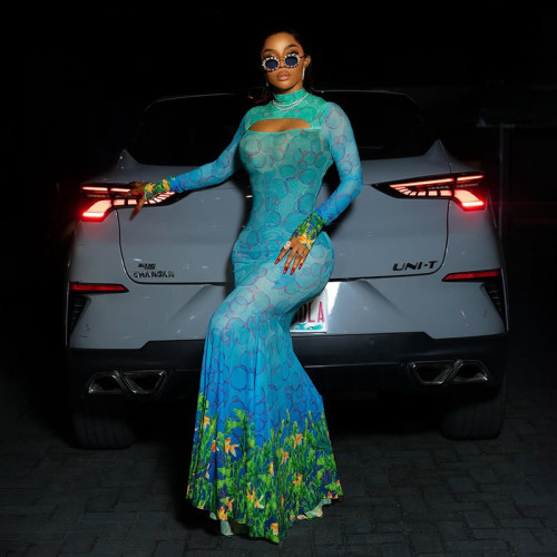 Printed hollowed out fishtail dress