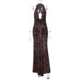 Deep V-neck halter backless pleated dress