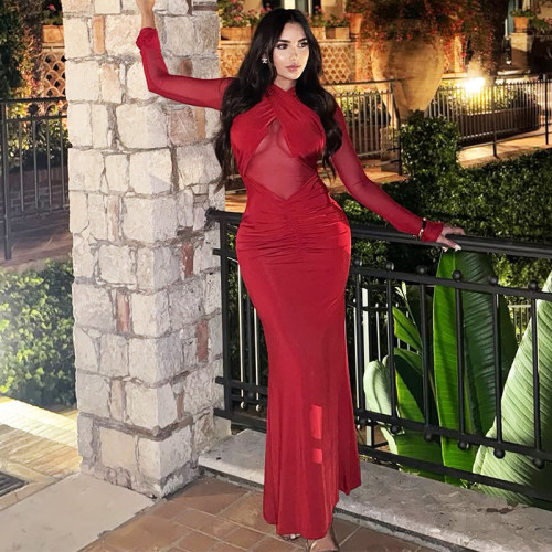 Long-sleeved mesh cut-out pleated dress