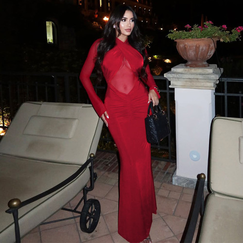 Long-sleeved mesh cut-out pleated dress