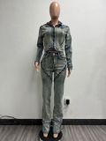 High elasticity wash water zipper denim jacket set
