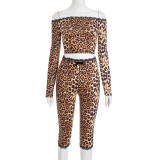 Leopard print off shoulder lace lace lace cropped cropped cropped pants set
