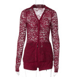 Lace see-through button-front cardigan top and shorts set