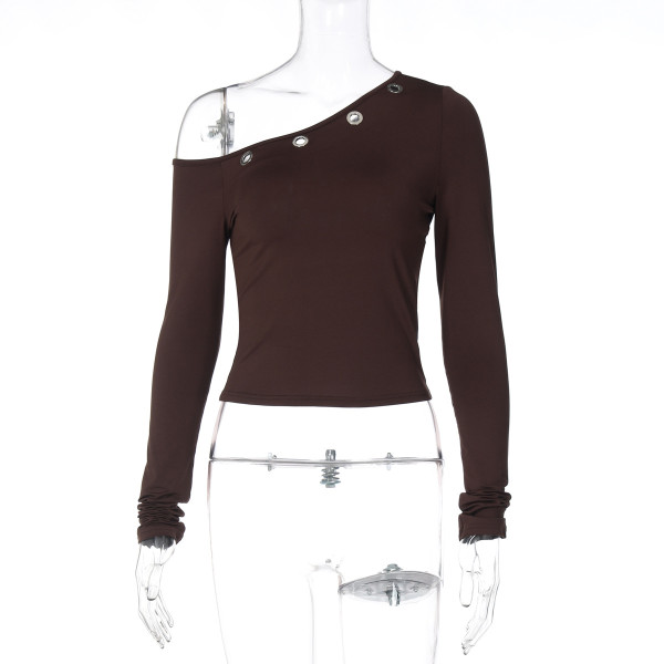 Slanted collar, off shoulder, corns, crop top, long sleeved T-shirt