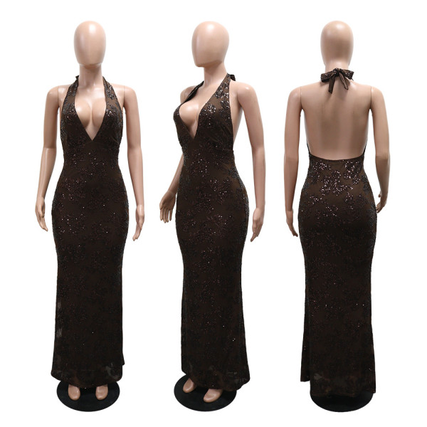 Backless deep V-lace sequin dress sleeveless long skirt