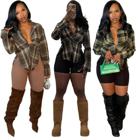Plaid long sleeved lapel split shirt top
