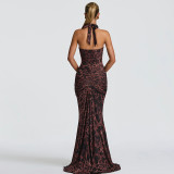 Deep V-neck halter backless pleated dress
