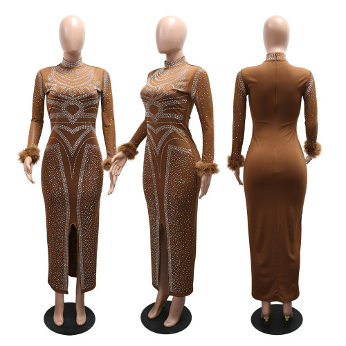 Round neck long sleeved slit diamond hot stamping dress
