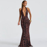 Deep V-neck halter backless pleated dress