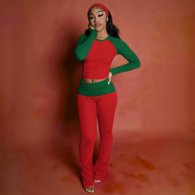 Long sleeved round neck T-shirt, headscarf, contrasting long pants set