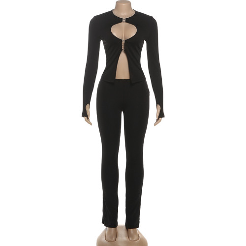 Hollow hook and loop zipper top and pants two-piece set