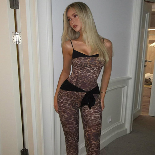Leopard print mesh lace-up camisole jumpsuit