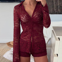 Lace see-through button-front cardigan top and shorts set