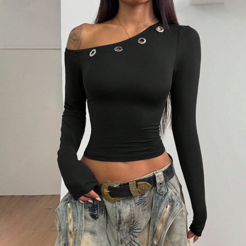 Slanted collar, off shoulder, corns, crop top, long sleeved T-shirt