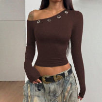 Slanted collar, off shoulder, corns, crop top, long sleeved T-shirt