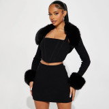 Three piece set of fur collar splicing long sleeved suspender with inner loop and hip hugging short skirt