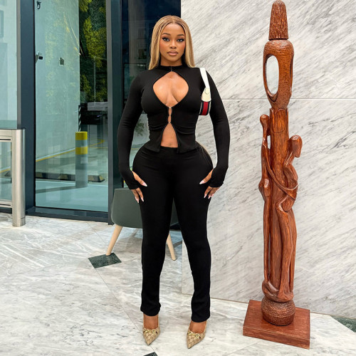 Hollow hook and loop zipper top and pants two-piece set