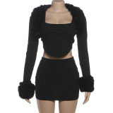Three piece set of fur collar splicing long sleeved suspender with inner loop and hip hugging short skirt