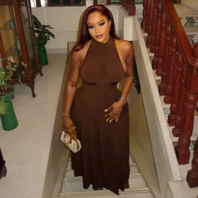 A-line round neck sleeveless solid color long dress