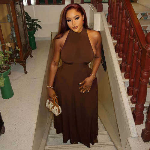 A-line round neck sleeveless solid color long dress