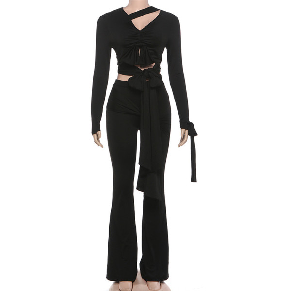 V-neck tight fitting crop top with tie up pants set