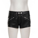 Zipper splicing low waist exposed navel three button leather shorts