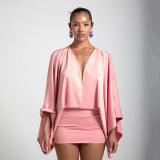 Loose simulation silk V-neck long sleeved dress with ample swing and hip hugging design