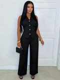 Sleeveless V-neck suit vest high waisted wide leg pants set