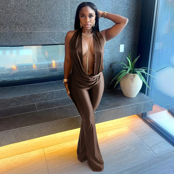 Hollow out fake two-piece hanging neck swinging collar large backless jumpsuit pants