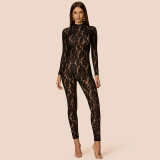 Lace sheer tight fitting long sleeved zipper jumpsuit