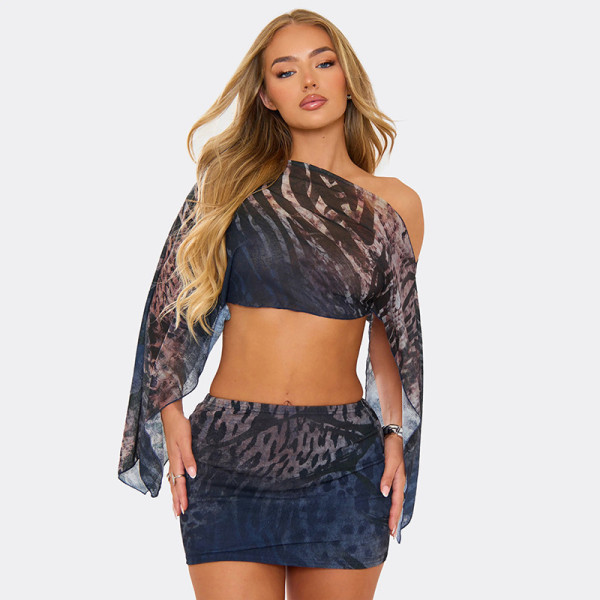 Tiger print mesh one shoulder long sleeved top, tight fitting half skirt two-piece set