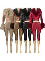Elastic leather hip hugging cropped pants