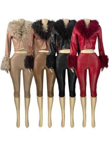 Elastic leather hip hugging cropped pants