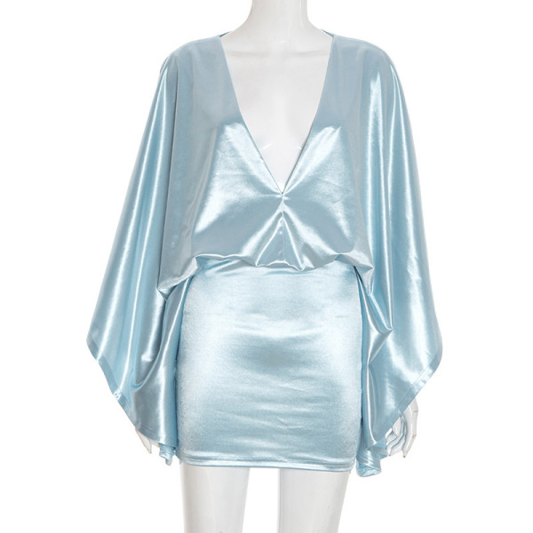Loose simulation silk V-neck long sleeved dress with ample swing and hip hugging design
