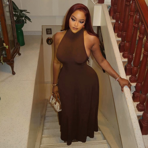 A-line round neck sleeveless solid color long dress